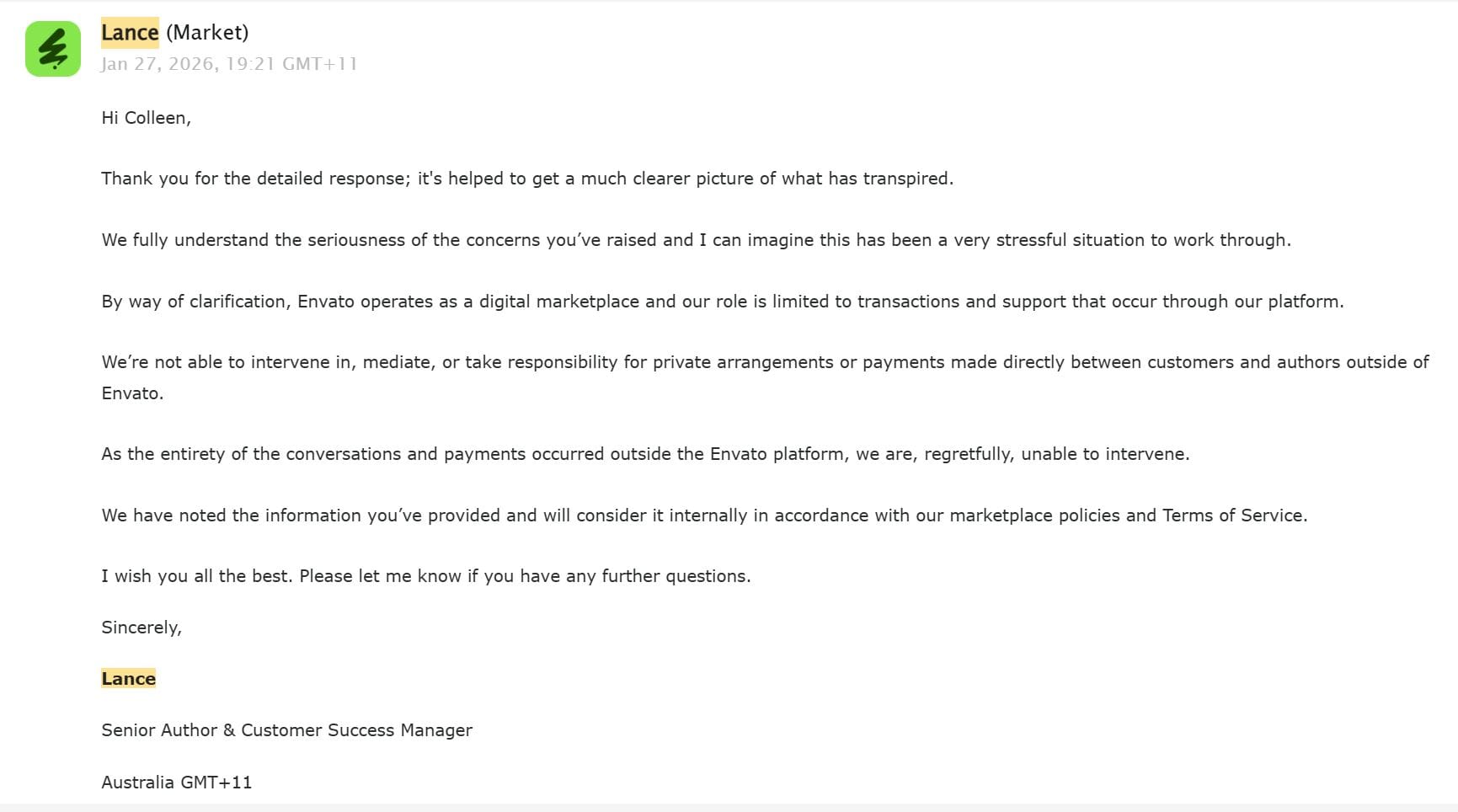 Envato Themeforest Response 